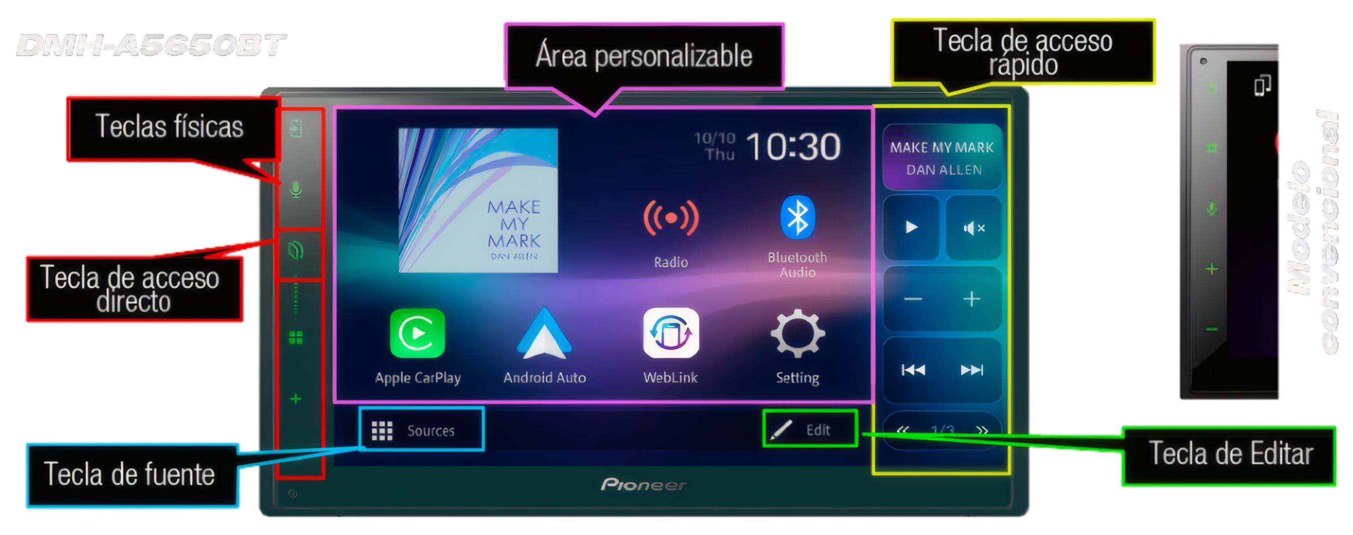 Radio 6.5 Pioneer DMH-A5650BT Carplay Android Auto Inalambri